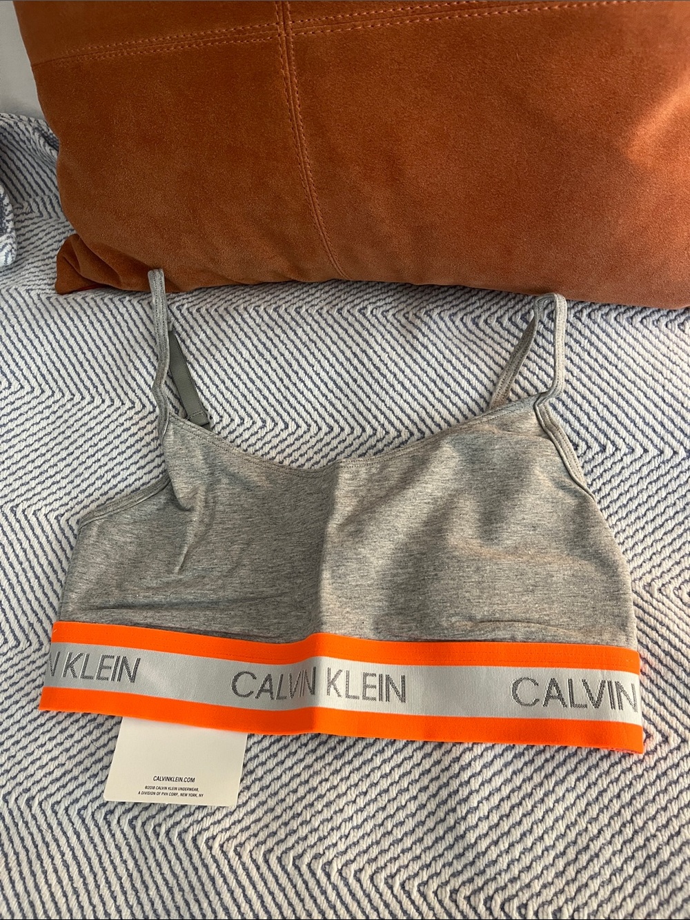 NWT Calvin Klein Gray Bralette with Orange Logo Band Cotton Size M